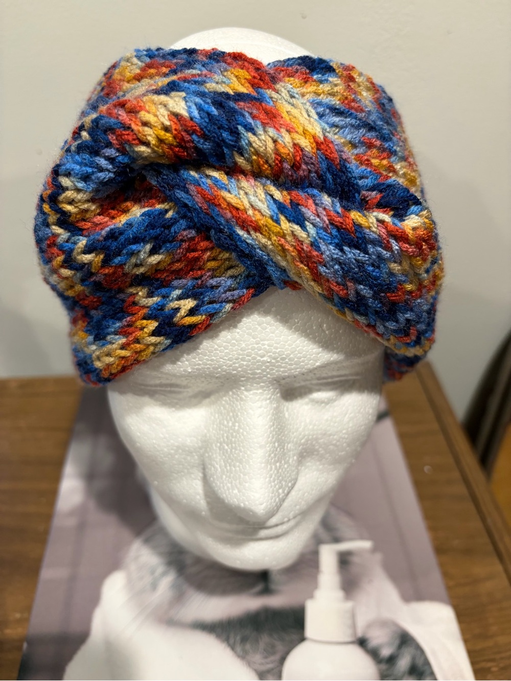 Handmade Knit Twist-Front Ear Warmer | Blue Rust & Gold - Picture 2 of 5